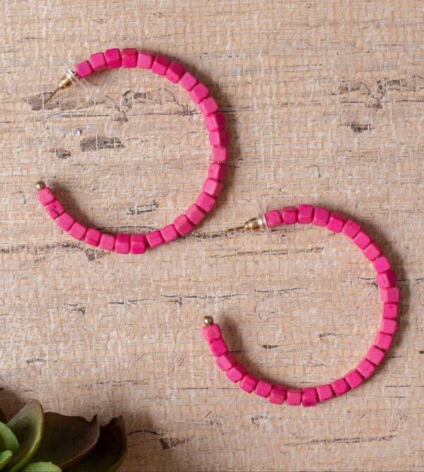 BLAME IT ON MY ROOTS HOT PINK SQUARE BEADED HOOPS