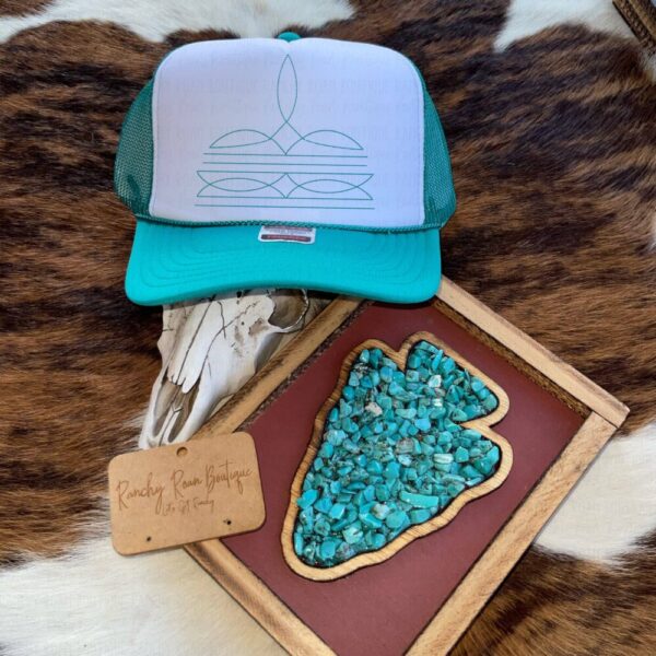 Turquoise Boot Stitch Print Trucker Hat