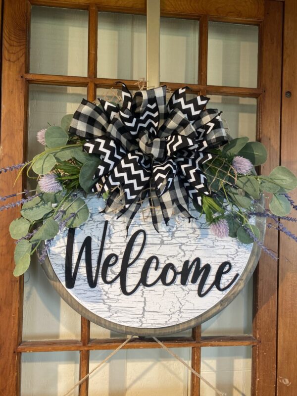 Crackled Paint Purple Welcome Sign