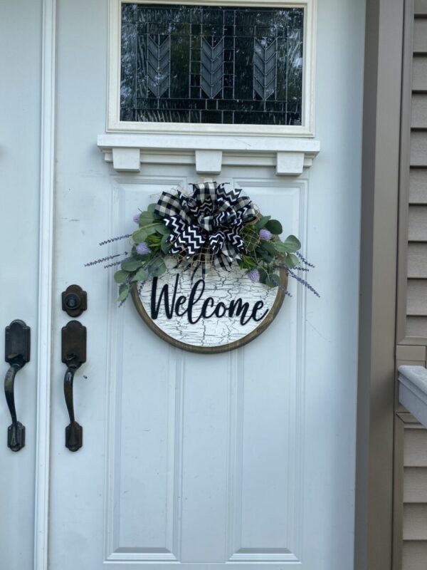 Crackled Paint Purple Welcome Sign