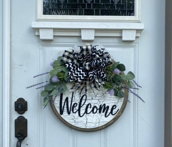 Crackled Paint Purple Welcome Sign