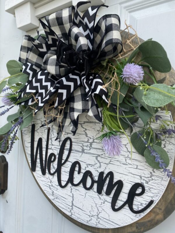 Crackled Paint Purple Welcome Sign