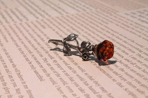 Baltic amber rose and sterling silver brooch