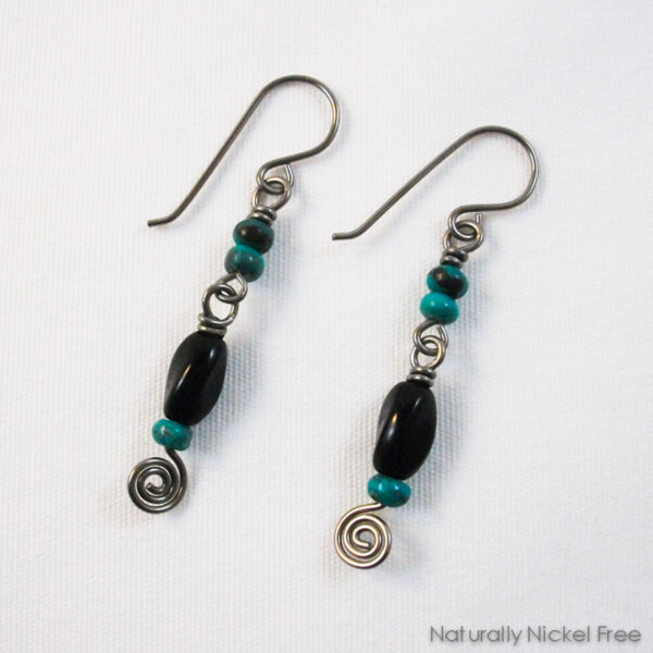 Twisted Black Glass Niobium Earrings with Turquoise Accents