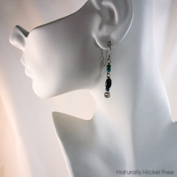 Twisted Black Glass Niobium Earrings with Turquoise Accents