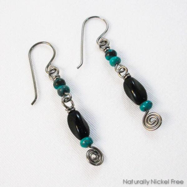 Twisted Black Glass Niobium Earrings with Turquoise Accents