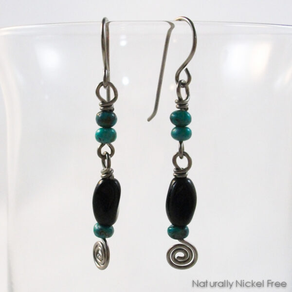 Twisted Black Glass Niobium Earrings with Turquoise Accents