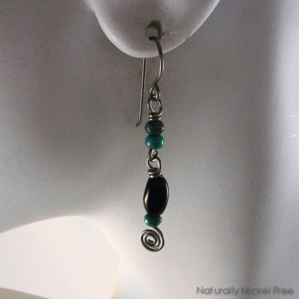 Twisted Black Glass Niobium Earrings with Turquoise Accents