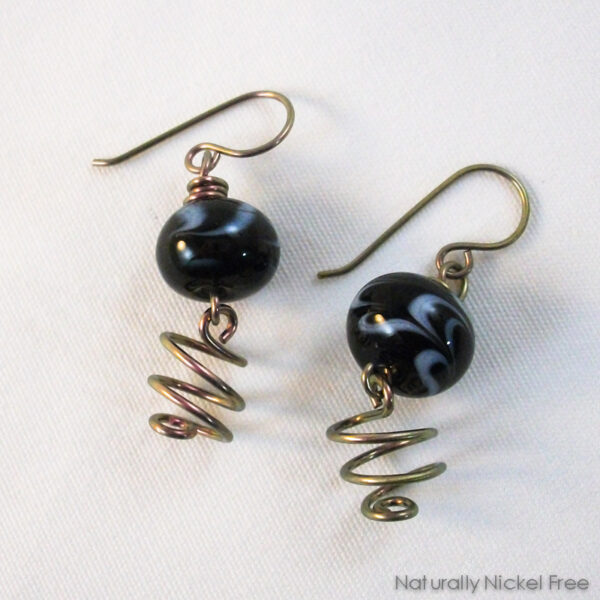 Black Floral Glass Dangles with Bright Anodized Niobium Accents