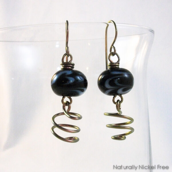 Black Floral Glass Dangles with Bright Anodized Niobium Accents