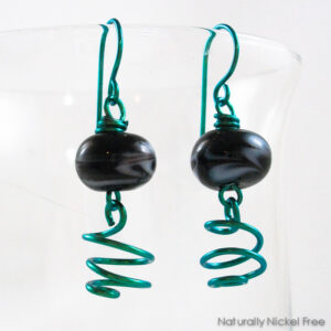 Black Floral Glass Dangles with Bright Anodized Niobium Accents