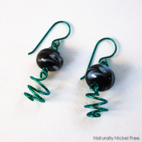 Black Floral Glass Dangles with Bright Anodized Niobium Accents