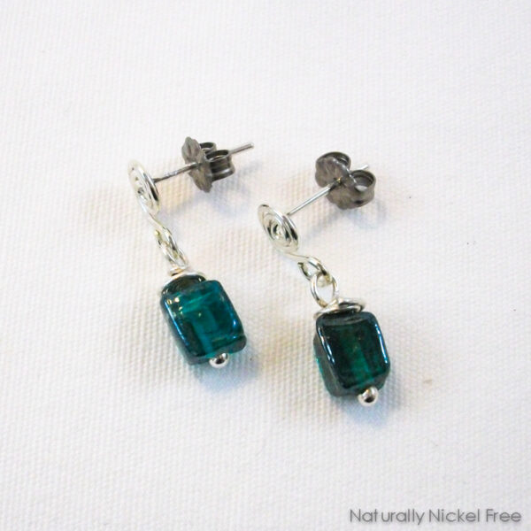 Green Glass Argentium Silver Post Dangle Earrings