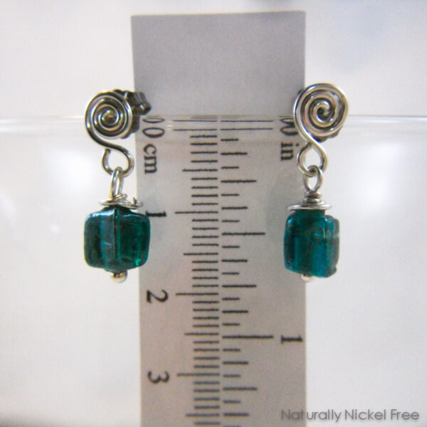 Green Glass Argentium Silver Post Dangle Earrings