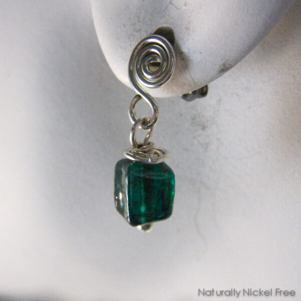 Green Glass Argentium Silver Post Dangle Earrings