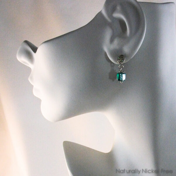 Green Glass Argentium Silver Post Dangle Earrings