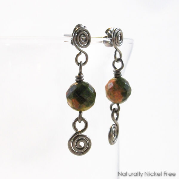 Unakite Bead Post Dangle Earrings