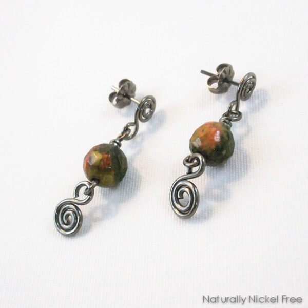 Unakite Bead Post Dangle Earrings