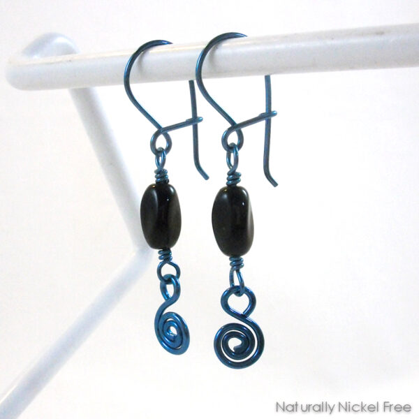 Blue Niobium Earrings with Simple Black Beads