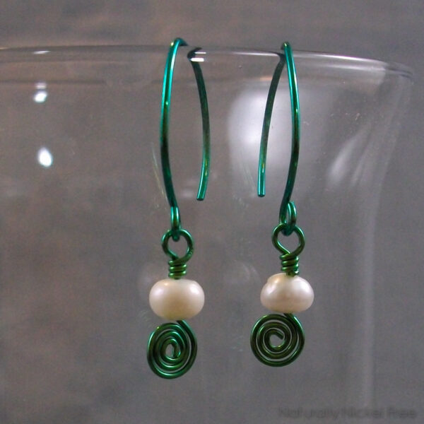 Pearl Earrings with Aqua Green Niobium Wire Work