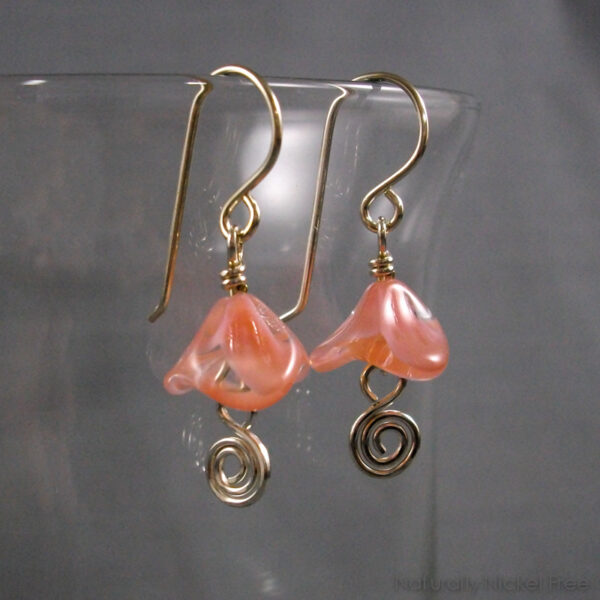 Pink Bell Flower Argentium Silver Earrings