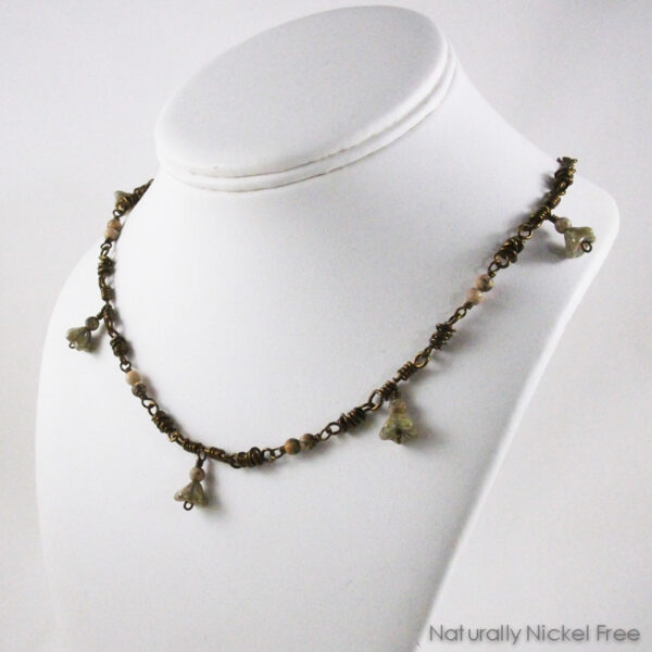 Vintage-Look Olive Green Bell Flower Necklace, matching earrings available