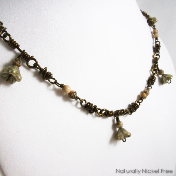 Vintage-Look Olive Green Bell Flower Necklace, matching earrings available