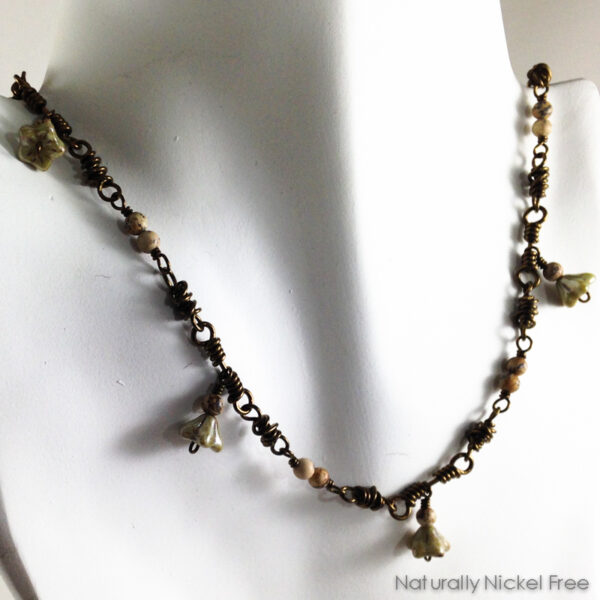 Vintage-Look Olive Green Bell Flower Necklace, matching earrings available