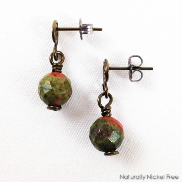 Unakite Bead Post Dangle Earrings