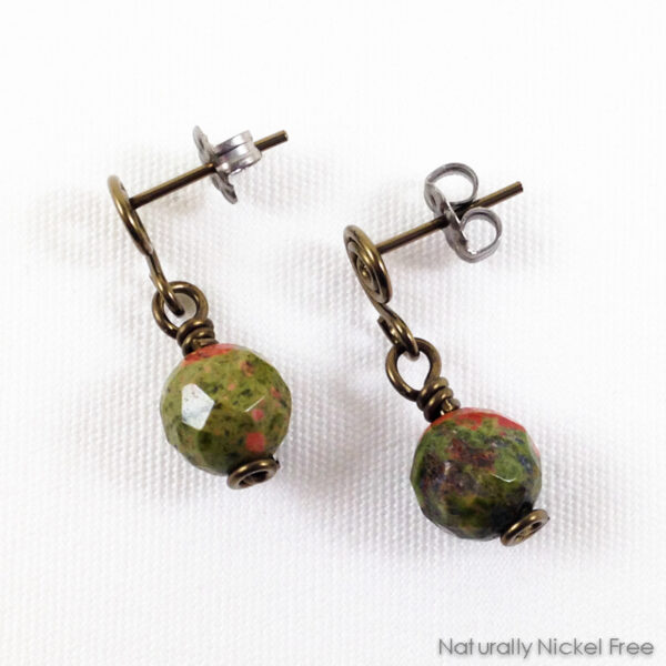 Unakite Bead Post Dangle Earrings