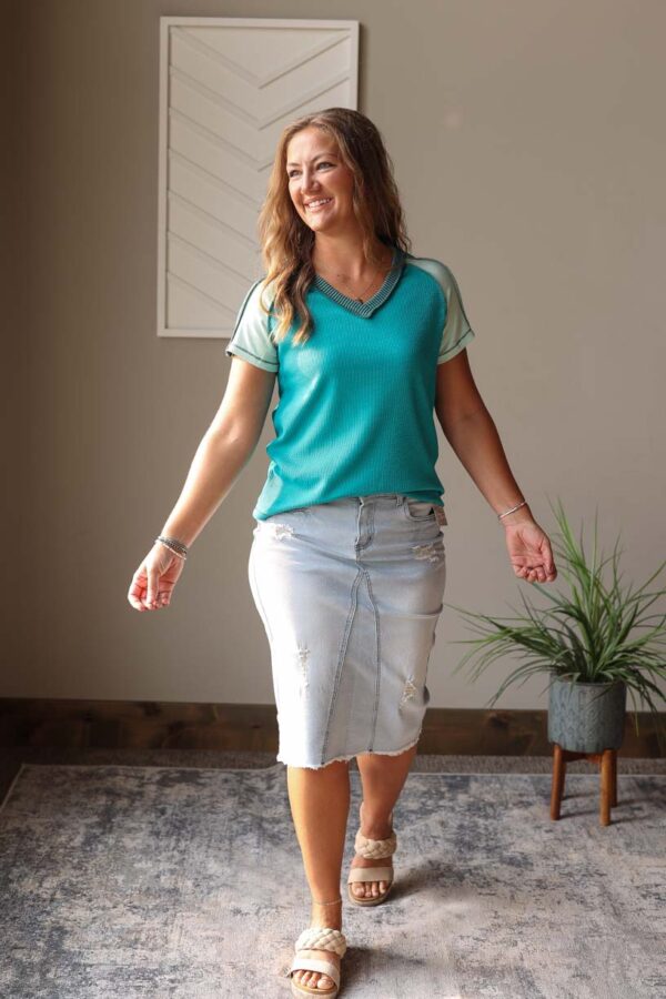 Green Teal Exposed Seam Colorblock Top