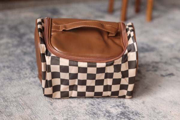 Brown Checkered Makeup Bag