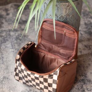 Brown Checkered Makeup Bag