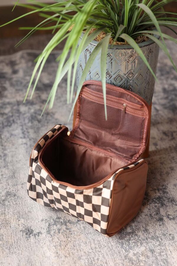 Brown Checkered Makeup Bag