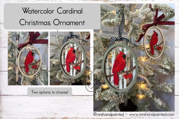 Watercolor Cardinal Layered Wood Christmas Ornament