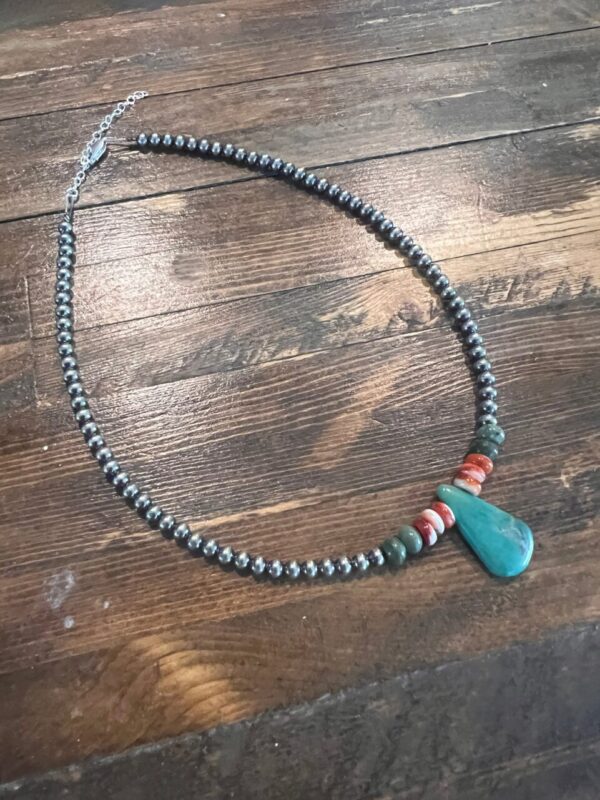 Turquoise Teardrop Sterling Pearl Choker – 14 inch