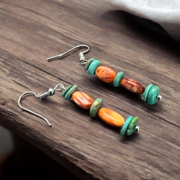 Orange Spiny and Green Turquoise Simple Dangle Earrings