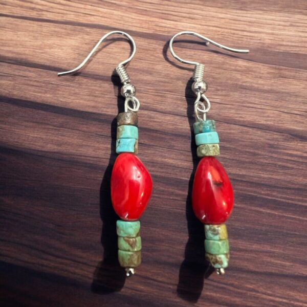 Green Turquoise Dangle Earrings With Red Corral