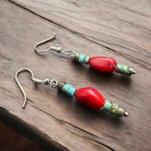 Green Turquoise Dangle Earrings With Red Corral