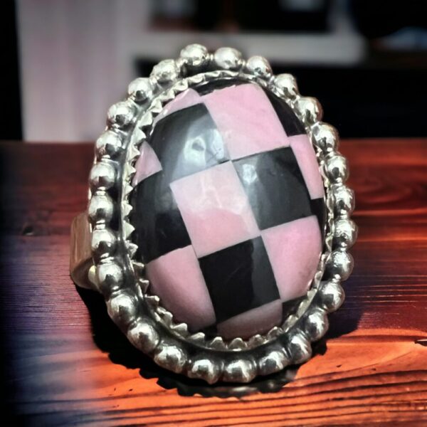 Pink & Black Checkered Print Sterling Silver Ring – Size 8 adjustable