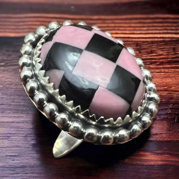 Pink & Black Checkered Print Sterling Silver Ring – Size 8 adjustable