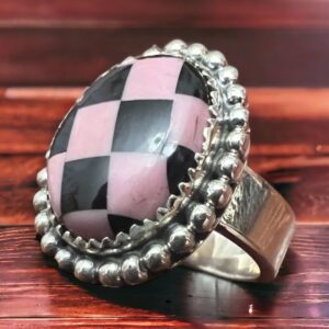 Pink & Black Checkered Print Sterling Silver Ring – Size 8 adjustable