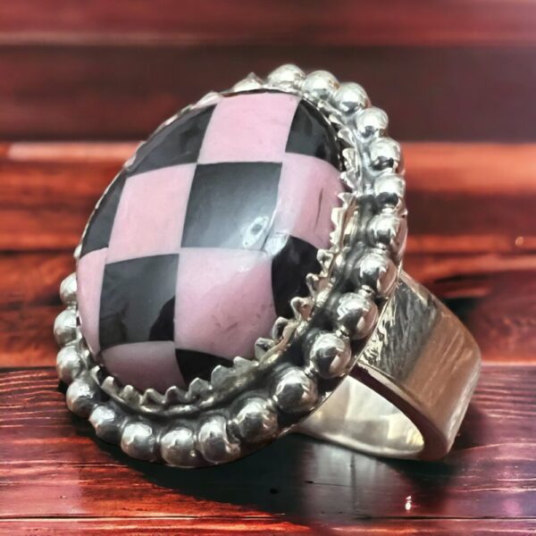 Pink & Black Checkered Print Sterling Silver Ring – Size 8 adjustable