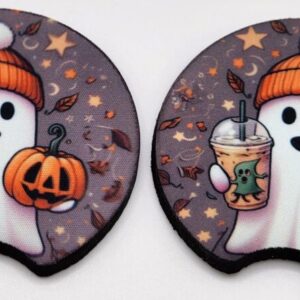 Fall Car Coasters Set of 2 Absorbent Ghost Retro Vibe Pumpkin Coffee