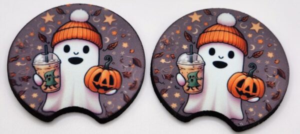 Fall Car Coasters Set of 2 Absorbent Ghost Retro Vibe Pumpkin Coffee