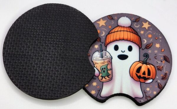 Fall Car Coasters Set of 2 Absorbent Ghost Retro Vibe Pumpkin Coffee