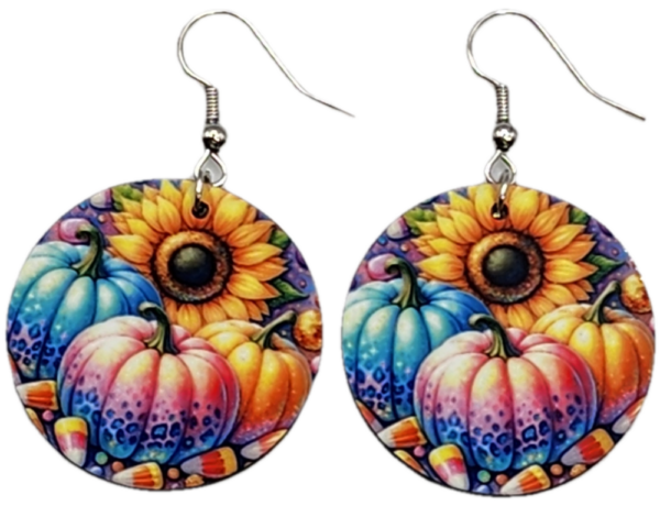 Brightly Colored Fall Earrings Pumpkins Sunflower Candy Corn