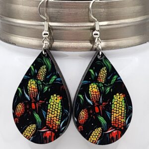 Graffiti Style Corn Earrings Wooden Handmade Lightweight Dangle Teardrop Shaped