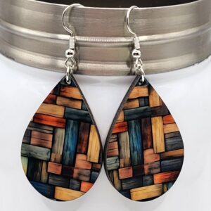 Multi-Colored Barnwood Design Double Sided Earrings Lightweight Handmade Dangle Teardrop Shaped