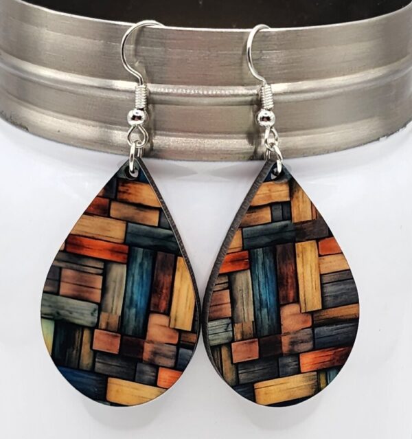 Multi-Colored Barnwood Design Double Sided Earrings Lightweight Handmade Dangle Teardrop Shaped